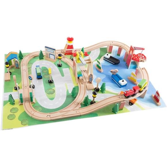 Wooden Train Set with Play Mat for Kids - Deluxe Wood Tracks Train Cars Boats